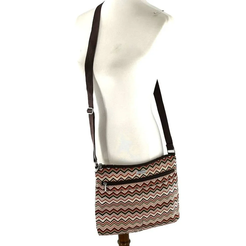 Baggallini Brown & Green Chevron Stripe Nylon Crossbody Messenger Bag